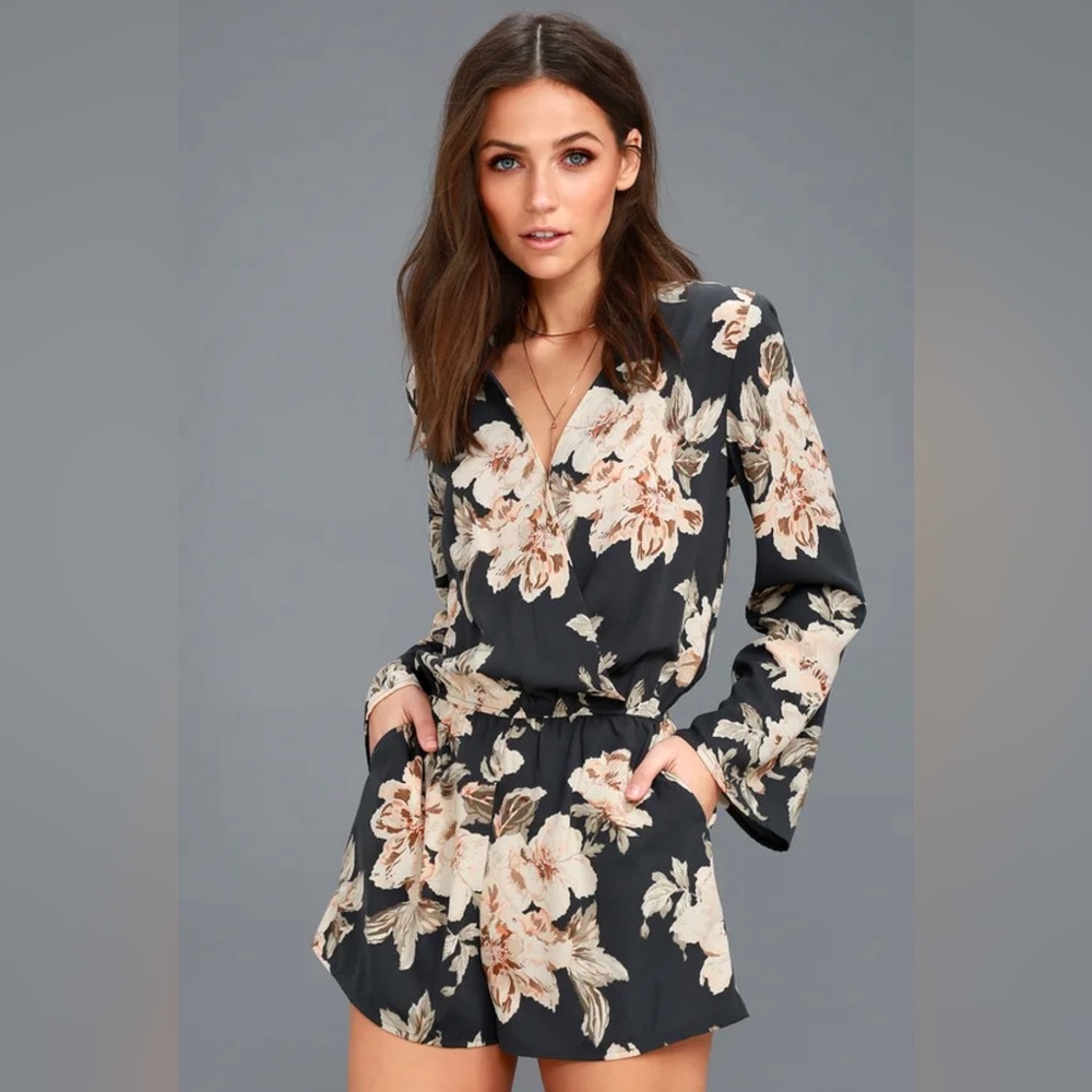 Lulus Prairie Daydream Washed Navy Blue Floral Print Romper